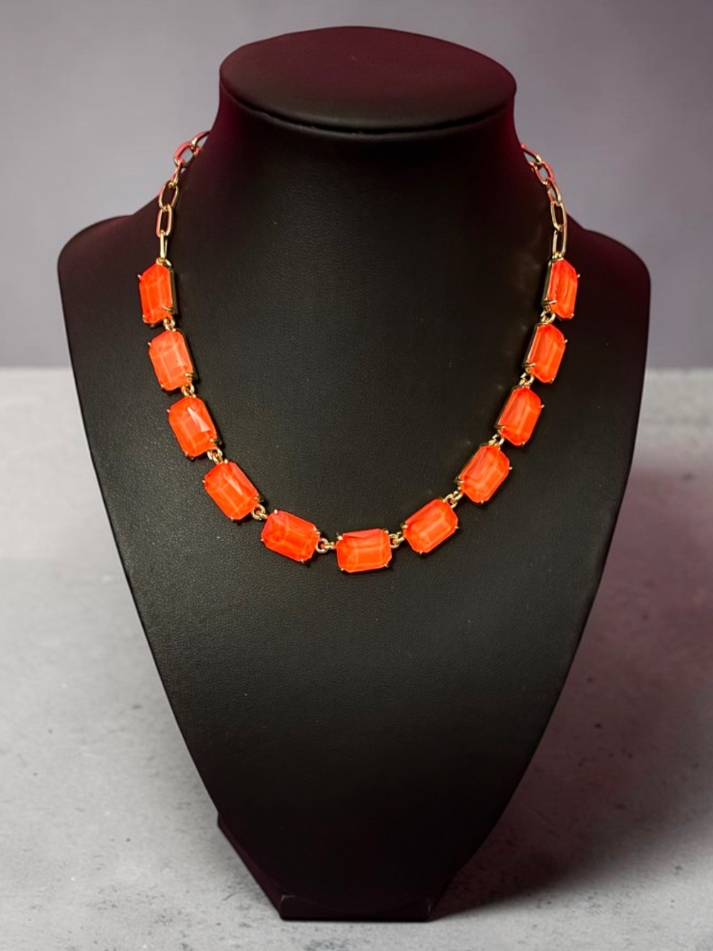 Orange Cushion Glass Cut Link Rectangle Necklace